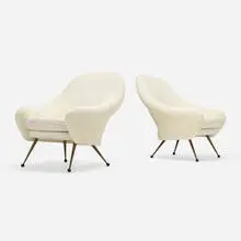 Martingala lounge chairs, pair by Marco Zanuso, c. 1954, upholstery, brass, plastic, sold Jan 2024