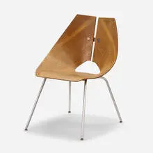 Chair by Ray Komai, 1949, walnut plywood, chrome-plated steel, stainless steel, aluminum, sold Jan 2024