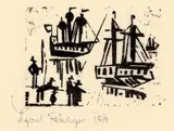 Lyonel Feininger, Angler und Schiffe, 1916, Holzschnitt auf dünnem Japanbütten