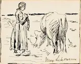 Max Liebermann, Strickende Kuhhirtin, Um 1910, Feder in Schwarzbraun auf Bütten