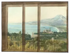 Blick aus dem Fenster auf eine Bucht in Italien by Deutsch, um 1830, Aquarell und Feder in Schwarz auf Papier, sold May 2014