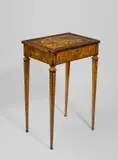 Französisch, Nähtischchen mit Strohmarketerie, Um 1790, Strohhalme, gefärbt und geglättet, auf Nadelholz furniert