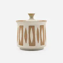 Lidded vessel by Clyde Burt, c. 1965, glazed earthenware, sold Jan 2024
