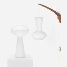 Wall-mounted lamp and table lamp by Lisa Johansson-Pape, 1954, frosted glass, walnut, sold Jan 2024