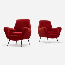 Gigi Radice, Armchairs, pair, c. 1955, upholstery, enameled steel, brass-plated steel