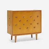 Rare cabinet from the U-450 series by Jiří Jiroutek, c. 1958, ash, birch, fabric, steel, sold Jan 2024