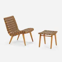 Chair model 654L, and ottoman by Jens Risom, 1941, maple, canvas webbing, sold Jan 2024
