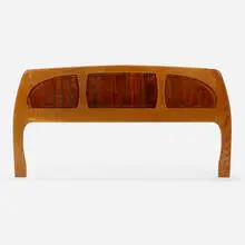 Queen-size headboard by Bruce McQuilkin, 1977, koa, oak, sold Jan 2024