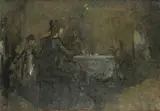 Peter Greenham, Family in the kitchen, oil on board