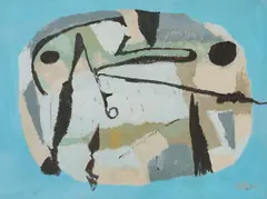 Hans Kuhn, Schwebend, 1961, Kunstharz auf Holz, mit Künstlerleiste