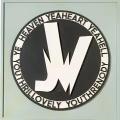 Ferdinand Kriwet, Ohne Titel (HEAVEN YEAHEART YEAHELL...), Collage: Öl auf Holz und schwarze Plastikbuchstaben, montiert auf Sperrholzplatte