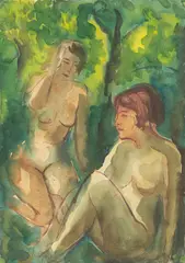 Fritz Schaefler, Mädchen im Wald, Aquarell und Rötel auf Papier