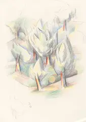 Bäume (Sigriswill) by Johannes Itten, 1944, Blei- und Buntstift auf Papier, sold Aug 2021