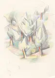 Bäume (Sigriswill) by Johannes Itten, 1944, Blei- und Buntstift auf Papier, sold Aug 2021