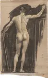 Osmar Schindler, Männlicher Rückenakt (stehend), um 1890, Schwarze und farbige Kreide auf festem, graubraunem Papier (Packpapier)