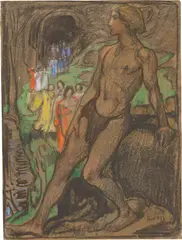 Ludwig von Hofmann, Der Waldmensch (Zug der Frauen), Um 1900, Pastell auf dünnem braunen Papier