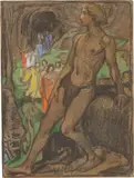 Ludwig von Hofmann, Der Waldmensch (Zug der Frauen), Um 1900, Pastell auf dünnem braunen Papier
