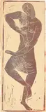 Moissey Kogan, Tanzende Figur (mit knielangem Rock), 1922, Holzschnitt in Rotbraun/Goldbronze auf Velin