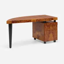 Boca desk by Leon Rosen, c. 1980, burl, lacquered wood, sold Jan 2024