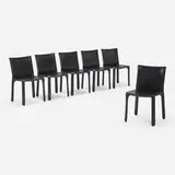 Mario Bellini, Cab chairs model 412, set of six, leather over enameled steel, plastic