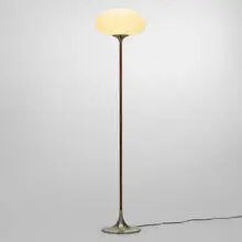 Bill Curry, Floor lamp, aluminum, frosted glass, rosewood veneer