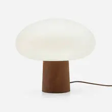 Table lamp by Laurel Lamp Co., c. 1965, frosted glass, walnut veneer over metal, sold Jan 2024