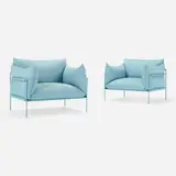 Outdoor armchairs from the Kabà series, pair by Elia Nedkov, 2016 / 2023, upholstery, matte-varnished steel, heartwood, sold Jan 2024