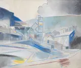 The silent village by Humphrey Jennings, oil on canvas, sold Oct 2015