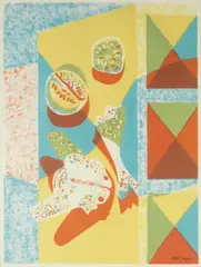 Yellow still life by Robert MacBryde, Lithograph printed in colours, 1948, on wove, sold Oct 2015