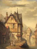 Timber frame cottage by a river by Continental School, oil on canvas, sold Oct 2015