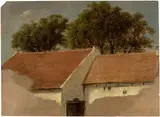 Dänisch, um 1850, Bäume hinter Dächern, Öl auf Bütten