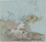 Ernst Fries, Steiniges Gebirgstal, 1821, Aquarell, Deckweiß und Bleistift auf blauem Papier und mit Bleistift gerahmt