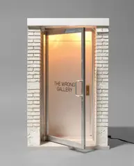 The Wrong Gallery by Maurizio Cattelan, 2005, Original-Kartonbox mit einer Miniaturtür aus Holz, Kupfer, Stahl, Aluminium, Kunstharz, Plastik und Glas, typografisch b, sold Jul 2020