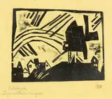 Windmühle mit Regenbogen by Lyonel Feininger, 1918, Holzschnitt auf blassgelbem Seidenpapier, sold Dec 2016