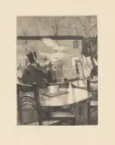 Herr mit Zylinder vor einem Kaffeehausfenster - in Rückenansicht by Lesser Ury, 1923, Kaltnadel auf Bütten, sold Dec 2018