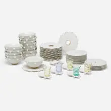 Akebia tableware by Borek Sipek, c. 1995, glazed porcelain, glass, sold Jan 2024