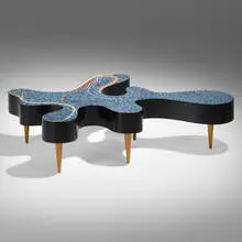 Coffee table by Katharina Welper, c. 2014, tile mosaic, beech, lacquered wood, sold Jan 2024