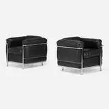 LC2 chairs, pair by Pierre Jeanneret and Le Corbusier Charlotte Perriand, leather, chrome-plated steel, sold Jan 2024