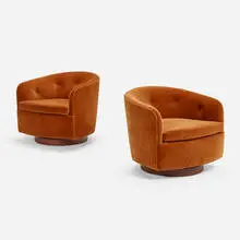 Swivel lounge chairs, pair by Milo Baughman, c. 1960, upholstery, walnut, sold Jan 2024