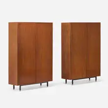 Cabinets, pair by De Coene Frères, c. 1965, mahogany, enameled steel, sold Jan 2024