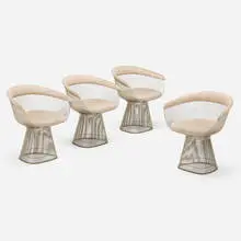 Warren Platner, Chairs, set of four, chrome-plated steel, upholstery