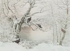 Jonathan Sainsbury, Grouse in the Snow, watercolour