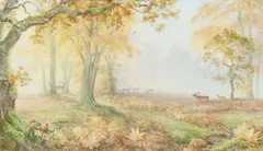 Jonathan Sainsbury, Stags in forest, watercolour