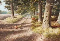 Rodger McPhail, Roe and pheasants, oil on board