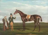Snr. John Frederick Herring, Mr Richard Watts' 'Rockingham' held by his trainer Forth with jockey Sam Darling, winner of the St. Leger 1833 and the Goodwood Cup, 1835, oil on canvas
