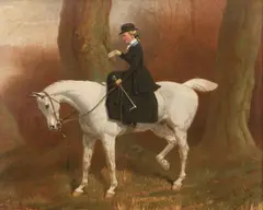 Basil James Nightingale, White mare with a lady riding sidesaddle, hiding a love letter in a tree, oil on canvas