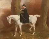 Basil James Nightingale, White mare with a lady riding sidesaddle, hiding a love letter in a tree, oil on canvas