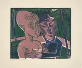 Menschen im Wald (Paar im Wald) by Conrad Felixmüller, 1918, Farbholzschnitt auf dünnem Bütten, sold Jan 2025