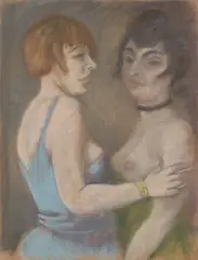 Georg Tappert, Zwei gegenüberstehende Mädchen“. 1920er Jahre, Pastell auf braunem Papier