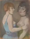 Georg Tappert, Zwei gegenüberstehende Mädchen“. 1920er Jahre, Pastell auf braunem Papier